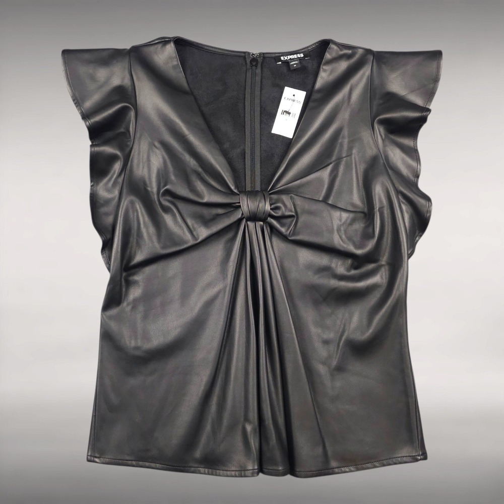 Express Dark Romantic Faux Leather Bow Front Ruffle Sleeve Top Womens M